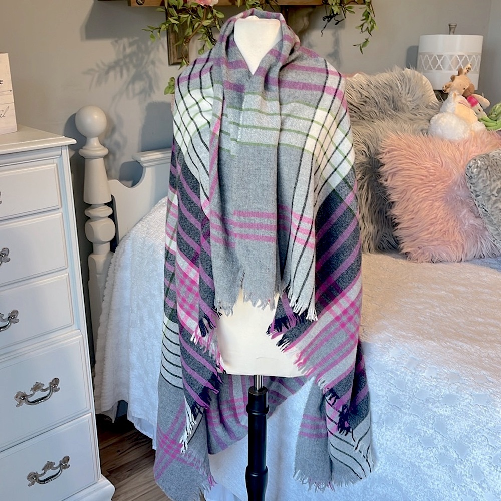 Talbots Large Plaid Pink and Gray Women's Scarf